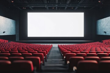 Empty Cinema Theater: Rows of red seats face a large blank screen in a modern movie theater, ready for the next big cinematic experience.  