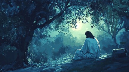 In the Garden of Gethsemane, Jesus prays deeply among olive trees, bathed in serene moonlight, creating a reflective and emotional atmosphere on a quiet night