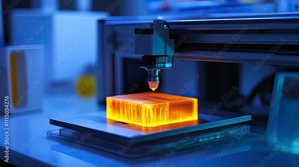 Poster laser cutting machine processing a glowing transparent block