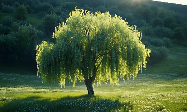 Solitary weeping willow tree in a sunlit meadow.