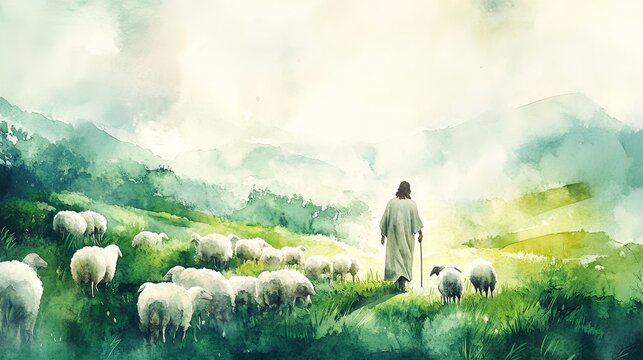 In a serene watercolor scene, Jesus walks among sheep on rolling hills under soft sunlight, highlighting vibrant greens and whites in a peaceful pastoral setting