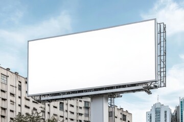 Obraz premium Blank Billboard in Urban Landscape: This high-resolution mockup showcases a large billboard, standing tall against a backdrop of city buildings and a bright blue sky.