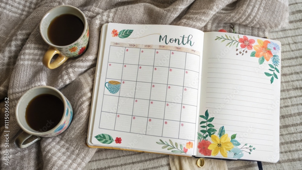 Poster open floral notebook displaying monthly calendar section with two mugs of coffee placed on a cozy bl