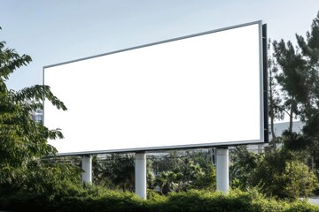 Fototapeta premium Blank Billboard Mockup: A large, blank billboard stands tall against a vibrant outdoor setting, offering a perfect canvas for your advertising designs.
