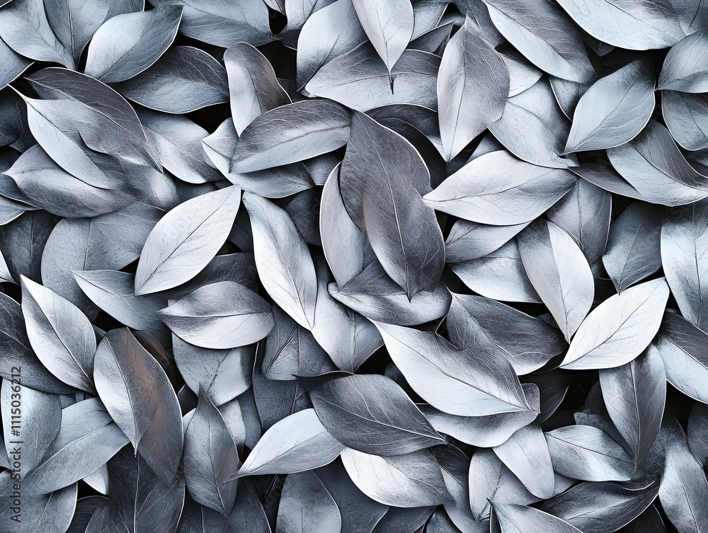Poster a close-up view of silver-toned leaves arranged in an overlapping pattern.