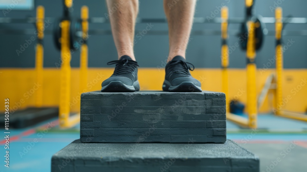 Aufkleber athlete standing on exercise block with focused posture in modern gym environment, preparing for hig