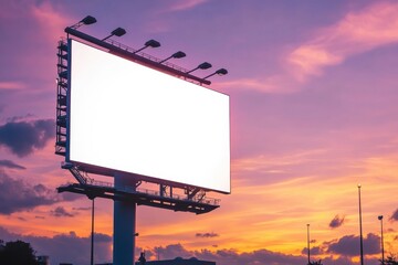 Blank Billboard at Sunset:  A large blank billboard stands tall against a vibrant sunset, ready to showcase your message. The sky is awash in hues of pink, orange, and purple.
