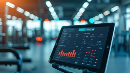Obraz premium Modern Tablet Displaying Data Analytics in a Gym Environment with Machines and Equipment in the Background, Representing Fitness Tracking and Progress Monitoring
