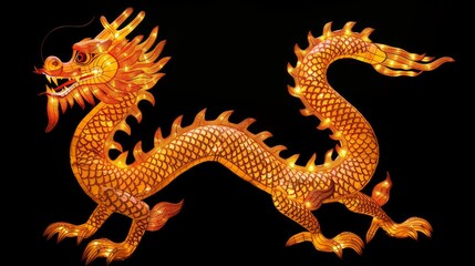 Fototapeta premium Majestic Golden Dragon Lantern Illuminating the Night Aesthetic with Intricate Scales and Lifelike Design, Symbolizing Strength and Prosperity in Festive Celebrations