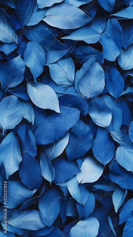 Poster a close-up view of vibrant blue leaves arranged in a visually appealing pattern.