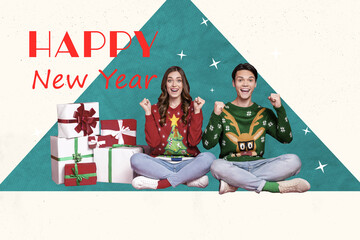 Trend artwork composite 3D photo collage design of couple young lady man sit date family present...