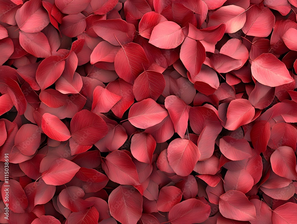 Poster a close-up view of vibrant red leaves scattered on a surface, creating a visually striking pattern.
