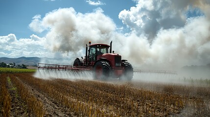 Fototapeta premium Farmer in a field spraying crops, showing the agricultural challenges associated with modern farming practices