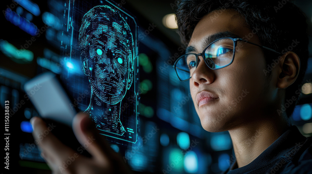 Poster face detection concept. young man using smartphone with biometric facial recognition display