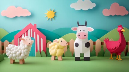 Obraz premium Whimsical Farm Animals in a Colorful Paper Landscape Featuring a Cow, Sheep, Chick, and Bright Sky Backdrop with Sunshine and Clouds