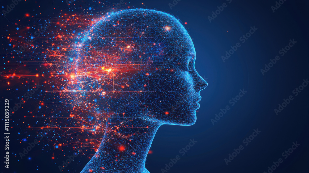 Poster face detection concept. digital face with glowing network connections on dark background