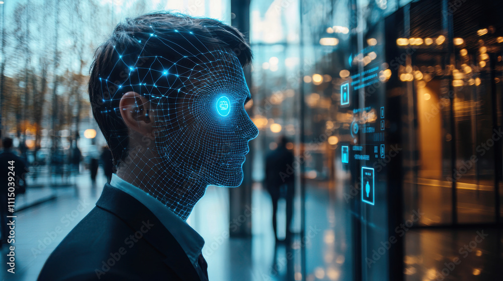 Poster face detection concept. business professional interacts with digital security interface