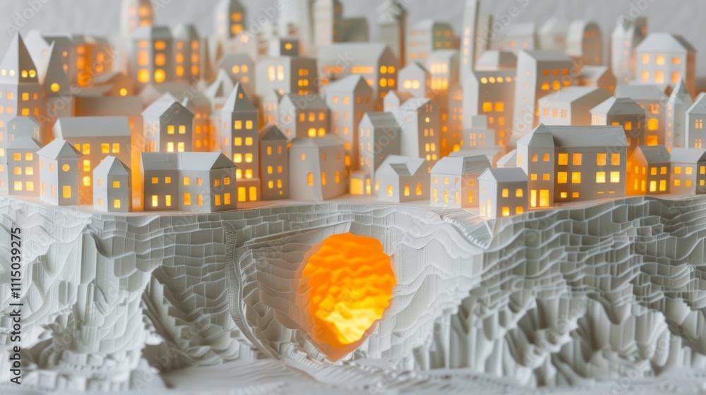Aufkleber intricately crafted paper model of a cityscape with illuminated windows showcasing warm glow in an a
