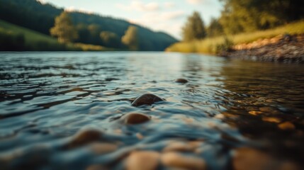 Fototapeta premium Tranquil river scene with smooth stones and greenery 