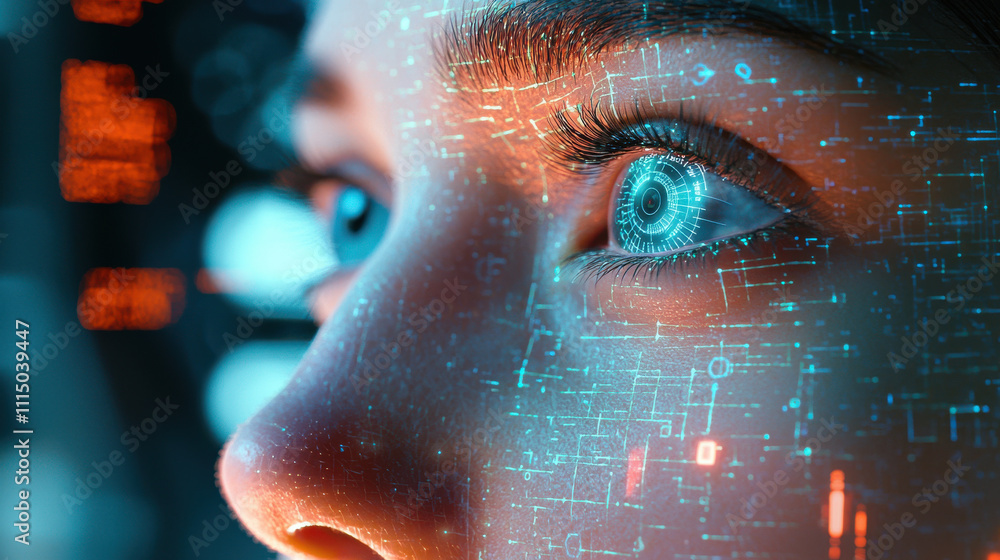 Poster face detection concept. close up of futuristic digital interface reflecting in person eye