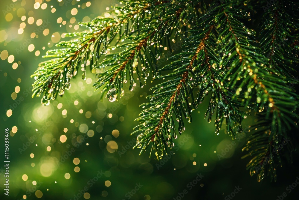 Poster close-up of green pine tree branches with raindrops, creating a refreshing atmosphere in a beautiful