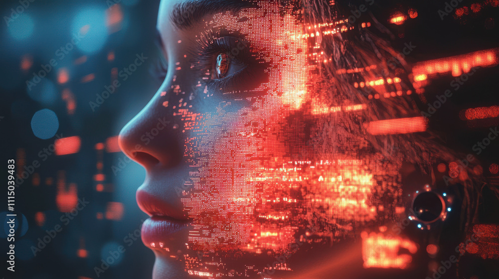 Poster face detection concept. futuristic digital face with glowing red data patterns