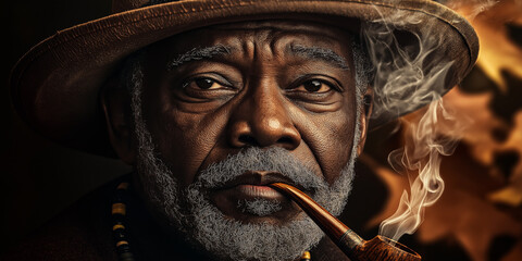 Senior african american man smoking pipe wearing hat and beaded necklace