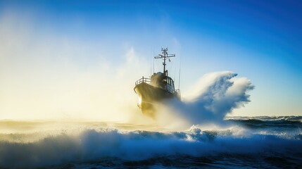 Dynamic Fishing Boat at Sea During Sunset in Turbulent Ocean Waves