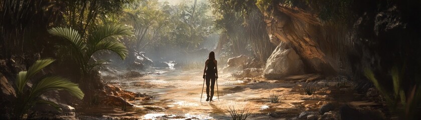 Obraz premium A lone figure stands in a serene, lush jungle landscape, illuminated by soft sunlight.