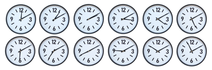 Set of photography of Isolated Minimalist Round Wall Clocks with Black Frames Showing Different Times from 12:10 to 11:10 for Deadline and Time Management Concepts
