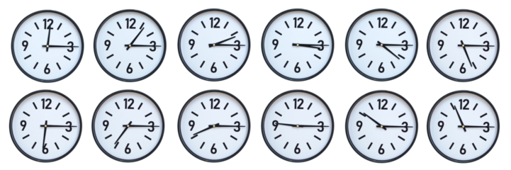 Set of photography of Isolated Minimalist Round Wall Clocks with Black Frames Showing Different Times from 12:15 to 11:15 for Deadline and Time Management Concepts