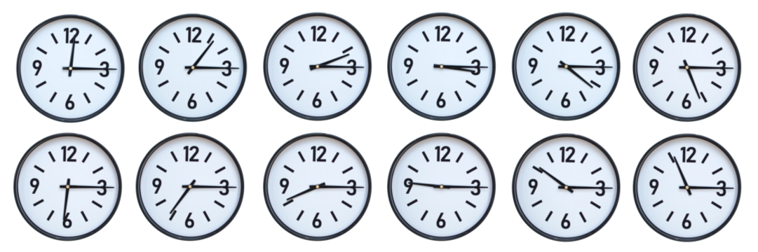 Set of photography of Isolated Minimalist Round Wall Clocks with Black Frames Showing Different Times from 12:15 to 11:15 for Deadline and Time Management Concepts