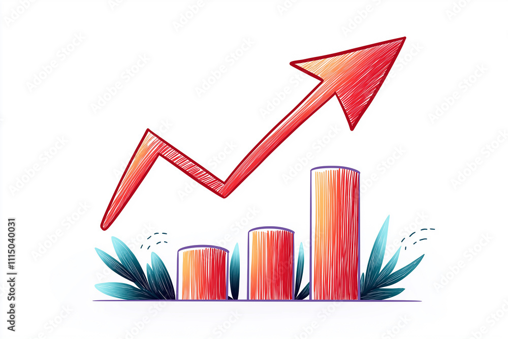 Poster growing bar graph with upward arrow symbolizing growth and success