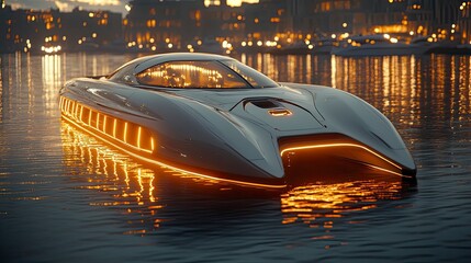 Obraz premium Futuristic luxury yacht illuminated at twilight