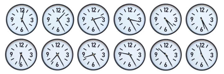 Set of photography of Isolated Minimalist Round Wall Clocks with Black Frames Showing Different Times from 12:25 to 11:25 for Deadline and Time Management Concepts