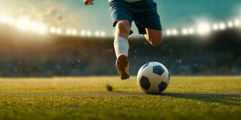 Soccer player kicking ball in stadium during championship match