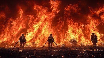 Fototapeta premium Firefighters face intense flames as they battle wildfires, a growing threat due to climate change and global warming