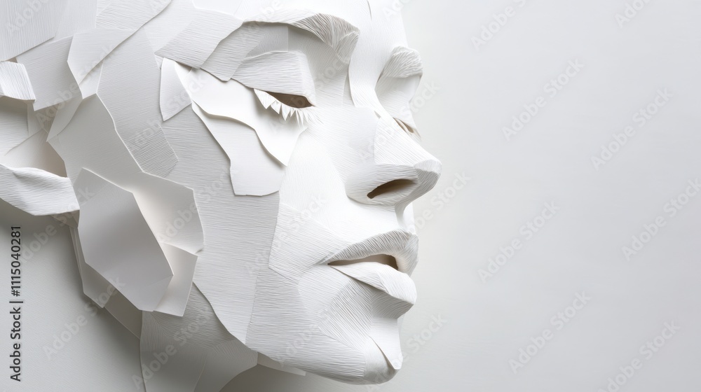 Poster abstract profile of a human face created from layered white paper, showcasing texture and depth in a