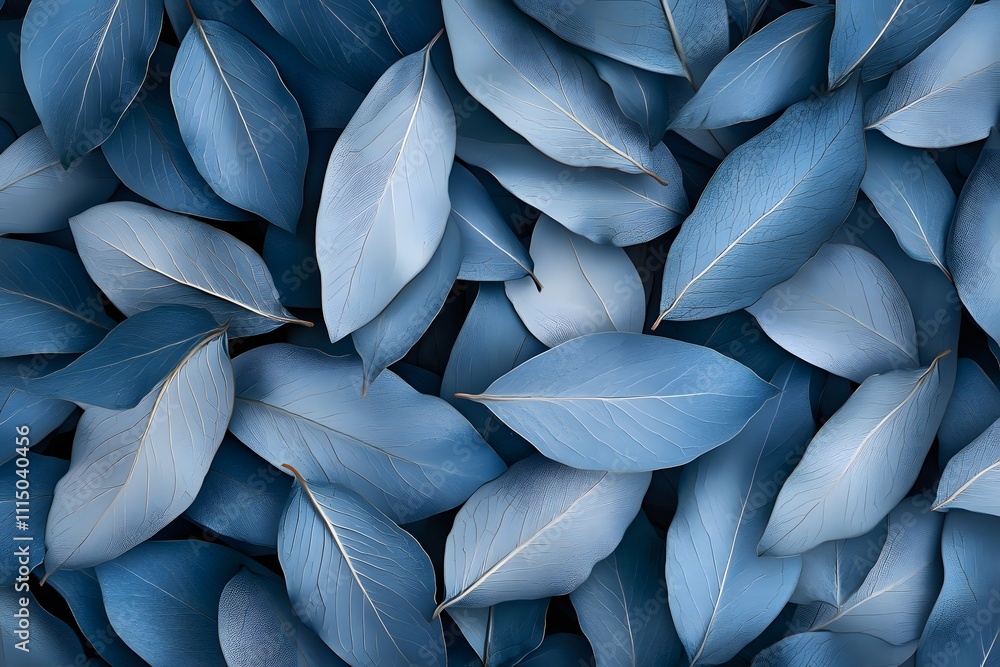 Poster a collection of blue leaves arranged in a visually appealing pattern.