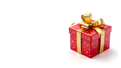 Obraz premium Red gift box with gold bow isolated on white background for Christmas, new year, birthday, parties.