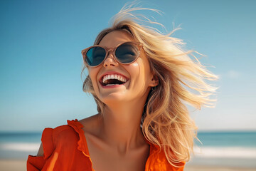 Happy blonde woman wearing sunglasses is laughing on the beach