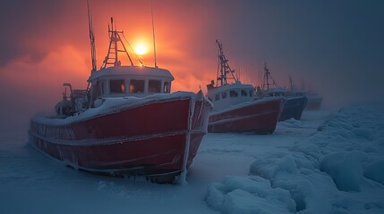 Fototapeta premium Fishing boats frozen into the sea ice under the winter night sky show how the cold and harsh conditions of the Arctic are affected by climate change