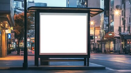 Fototapeta premium Vertical blank white billboard at a bus stop on a city street, ideal for advertising mockups and urban promotion concepts.
