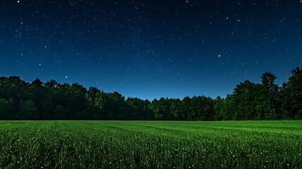 A lush field of grass extending into a forest under a brilliant starry night