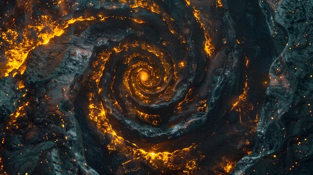 Fiery, swirling vortex of dark rock and glowing embers. - Powered by Adobe