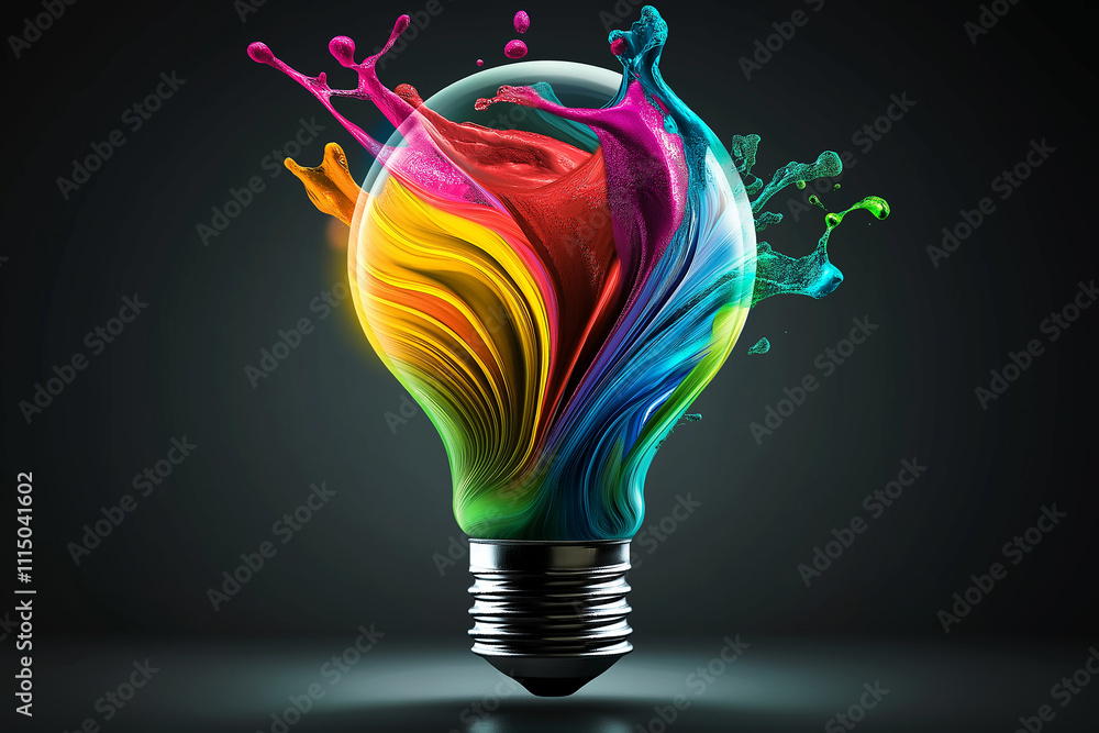 Poster light bulb filled with colorful paint splashing, representing creativity and innovation