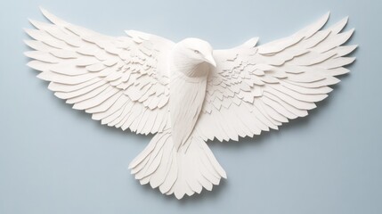 Obraz premium Intricate Paper Sculpture of a Majestic Bird in Flight with Extended Wings, Created with Precision and Artistic Detail for Home Decor or Art Display