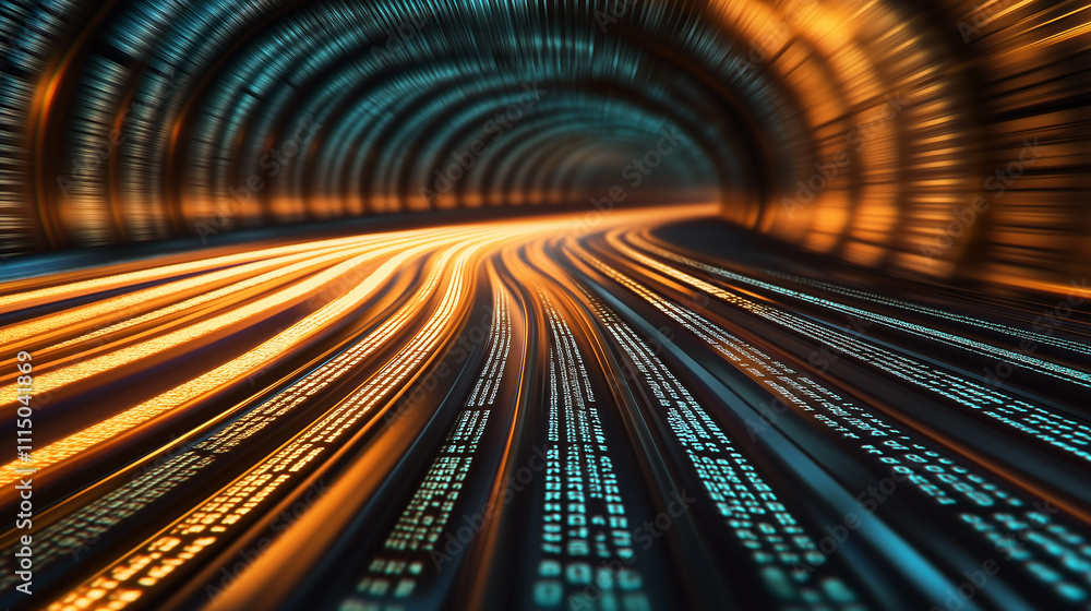 Poster data stream flowing through digital tunnel at high speed