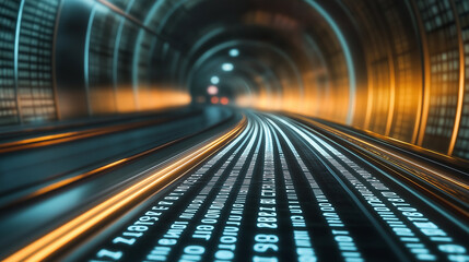 Data stream flowing through futuristic tunnel with light trails