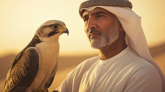 Emirati falconer holding saker falcon in desert during sunset